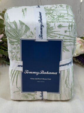 Tommy Bahama KING Quilted Sham Beach Bluff Toile Tropical Green Set of 2 NEW